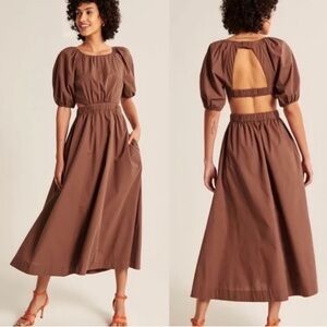 Abercrombie & Fitch Puffed Sleeve Open Back Midi Dress